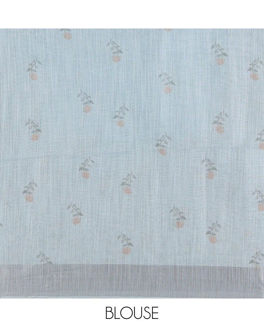 Sky blue nature-theme printed linen cotton saree features flora-fauna motifs, temple bavanji border, nature printed pallu, and a floral motif printed blouse - Image 5