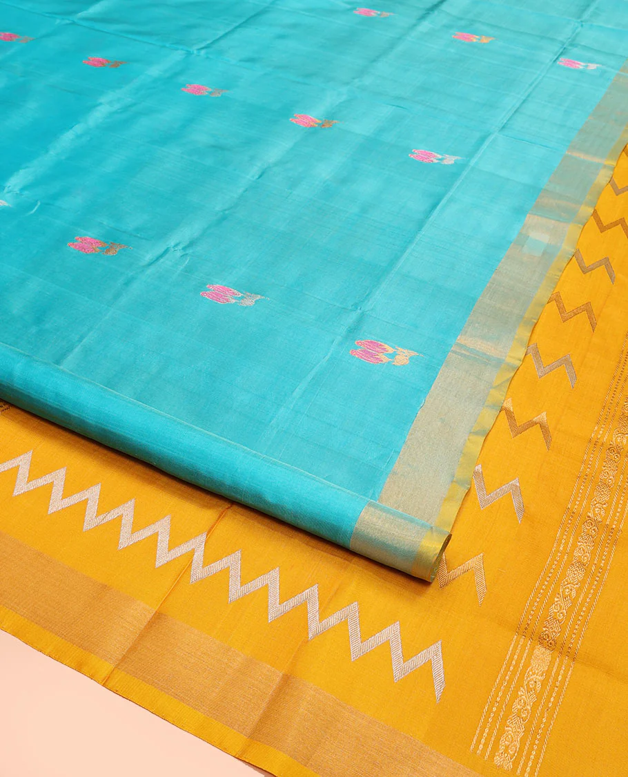 Sky Blue Uppada Silk Saree Elegantly Framed with Meena Floral Buttas, Complemented by a Contrast Bavanji  Border, Pallu Steeped with Floral-Paisley Designs, and Paired with a Contrast Blouse - Image 2