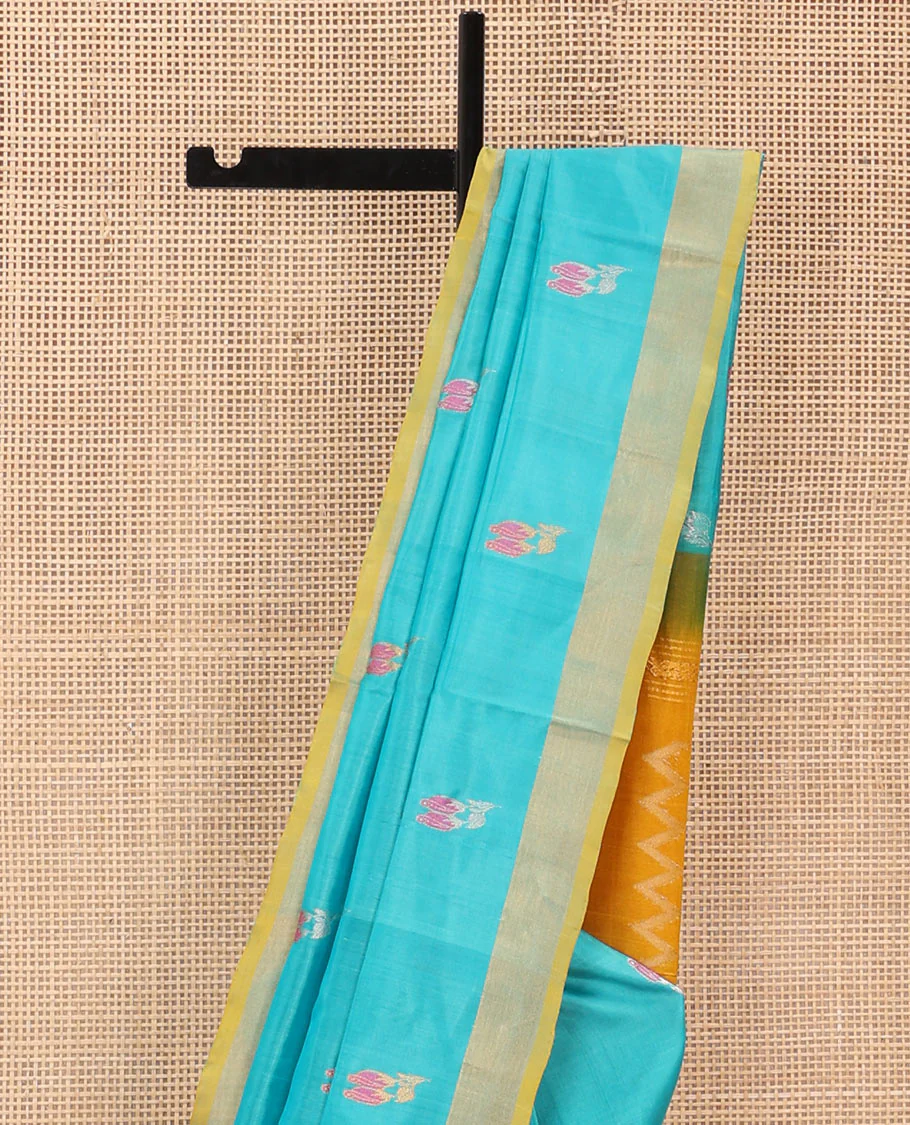 Sky Blue Uppada Silk Saree Elegantly Framed with Meena Floral Buttas, Complemented by a Contrast Bavanji  Border, Pallu Steeped with Floral-Paisley Designs, and Paired with a Contrast Blouse - Image 3