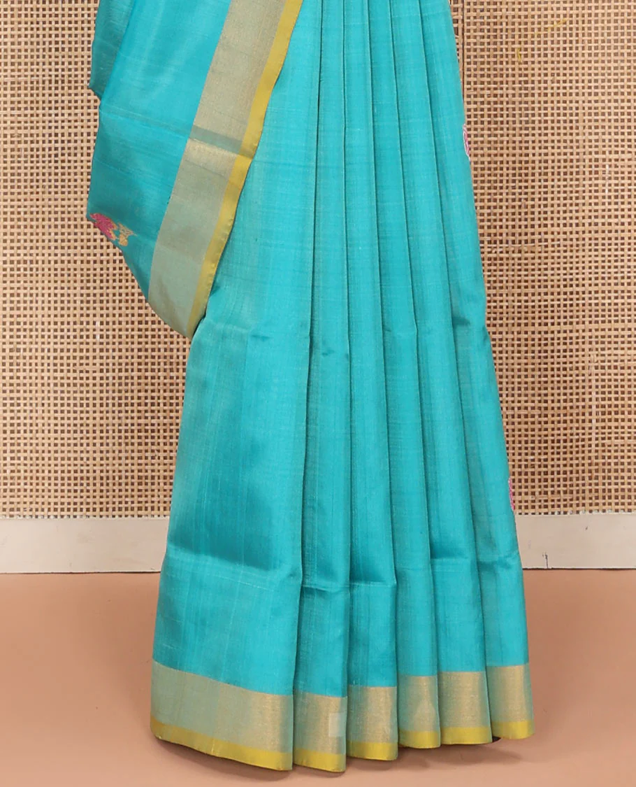 Sky Blue Uppada Silk Saree Elegantly Framed with Meena Floral Buttas, Complemented by a Contrast Bavanji  Border, Pallu Steeped with Floral-Paisley Designs, and Paired with a Contrast Blouse - Image 4