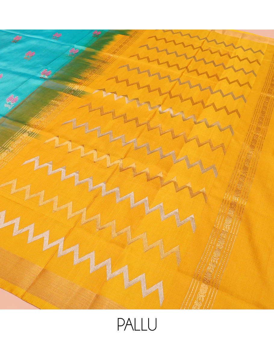Sky Blue Uppada Silk Saree Elegantly Framed with Meena Floral Buttas, Complemented by a Contrast Bavanji  Border, Pallu Steeped with Floral-Paisley Designs, and Paired with a Contrast Blouse - Image 5