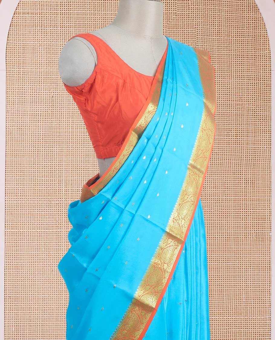 Sky blue zari buttas Mysore silk saree, contrast leaf creeper zari border, and floral zari design palllu - Image 3