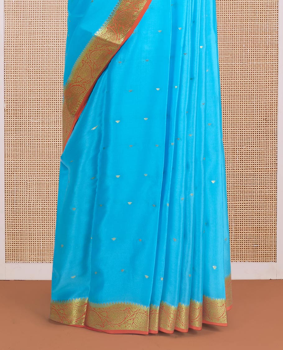 Sky blue zari buttas Mysore silk saree, contrast leaf creeper zari border, and floral zari design palllu - Image 4