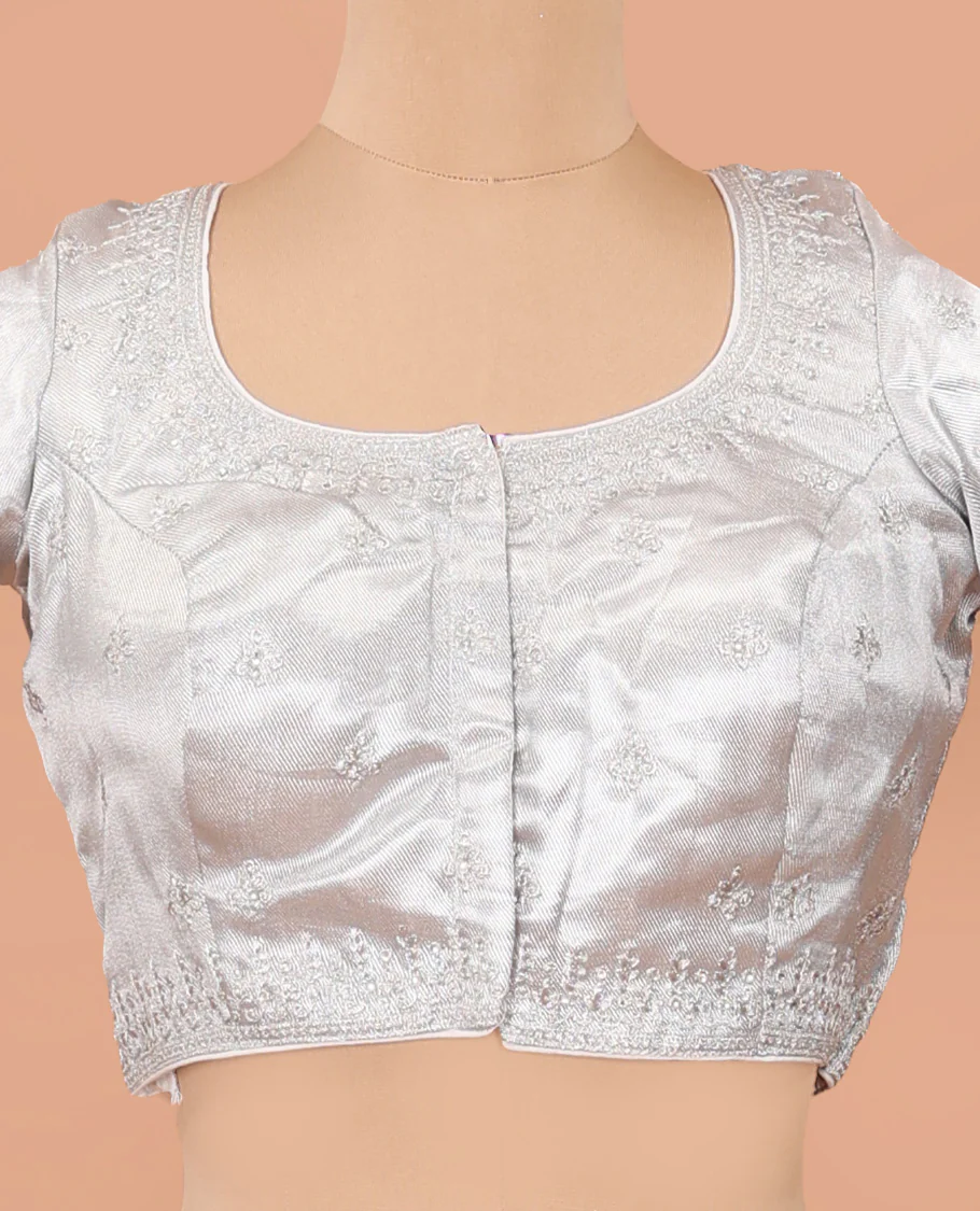 Sliver thread embroidered front-back round neck elbow sleeve blouse - Image 3