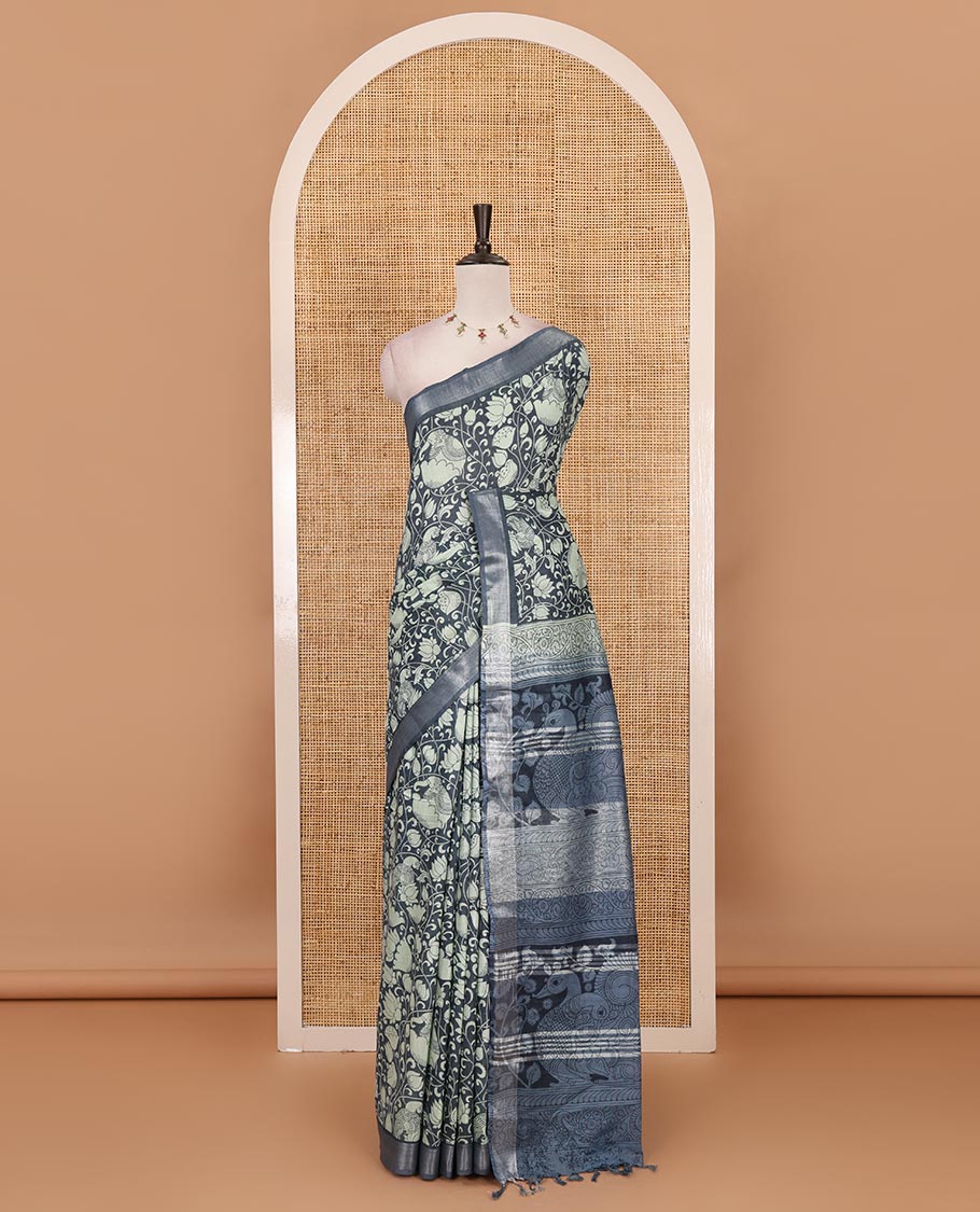 Steal grey flora-fauna kalamkari printed Bhagalpur linen saree, zari border, contrast floral-peacock printed pallu & contrast printed blouse - Image 2