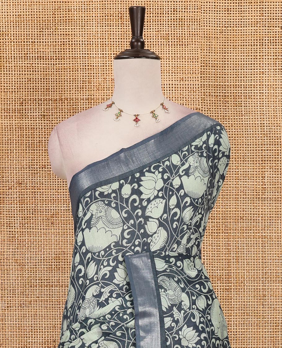 Steal grey flora-fauna kalamkari printed Bhagalpur linen saree, zari border, contrast floral-peacock printed pallu & contrast printed blouse - Image 3