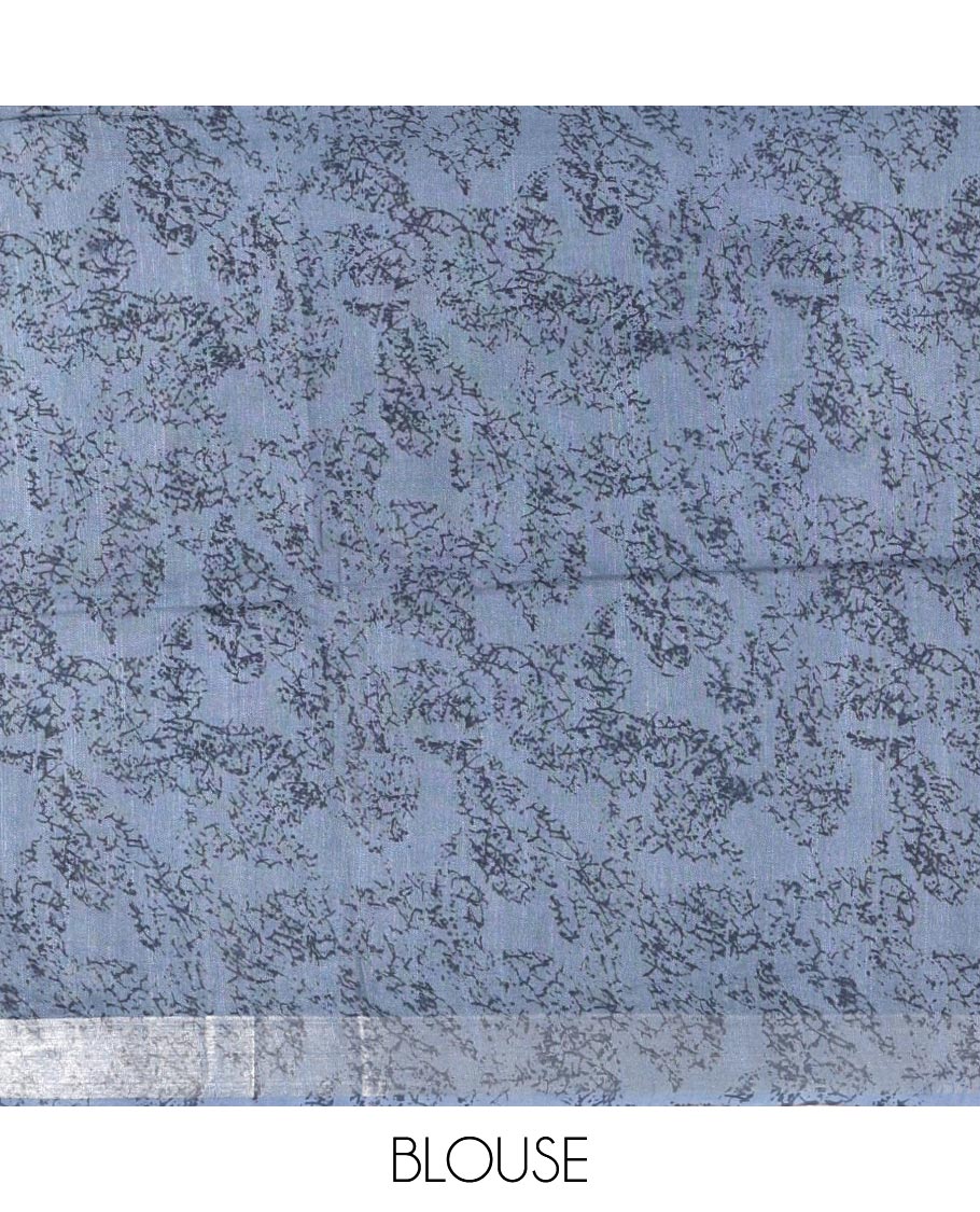 Steal grey flora-fauna kalamkari printed Bhagalpur linen saree, zari border, contrast floral-peacock printed pallu & contrast printed blouse - Image 4