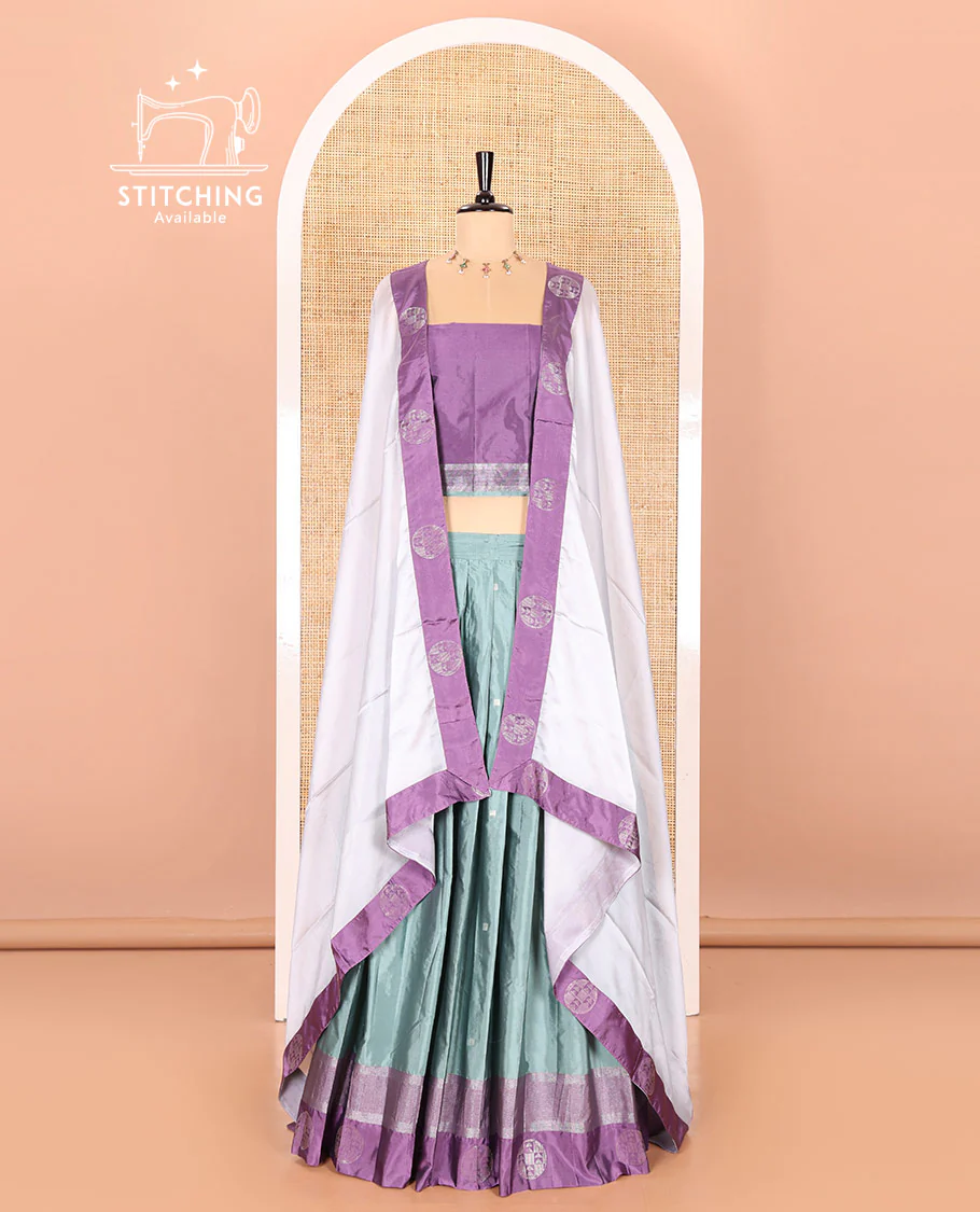 Steel grey and lavender half-saree with buttas with contrast traditional bordered taffeta silk skirt, a matching blouse, and a contrast bordered syska georgette dhavani - Image 2