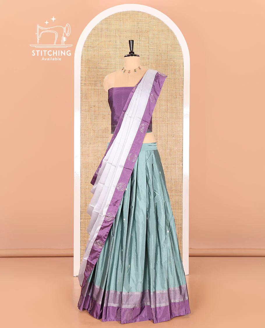 Steel grey and lavender half-saree with buttas with contrast traditional bordered taffeta silk skirt, a matching blouse, and a contrast bordered syska georgette dhavani - Image 3