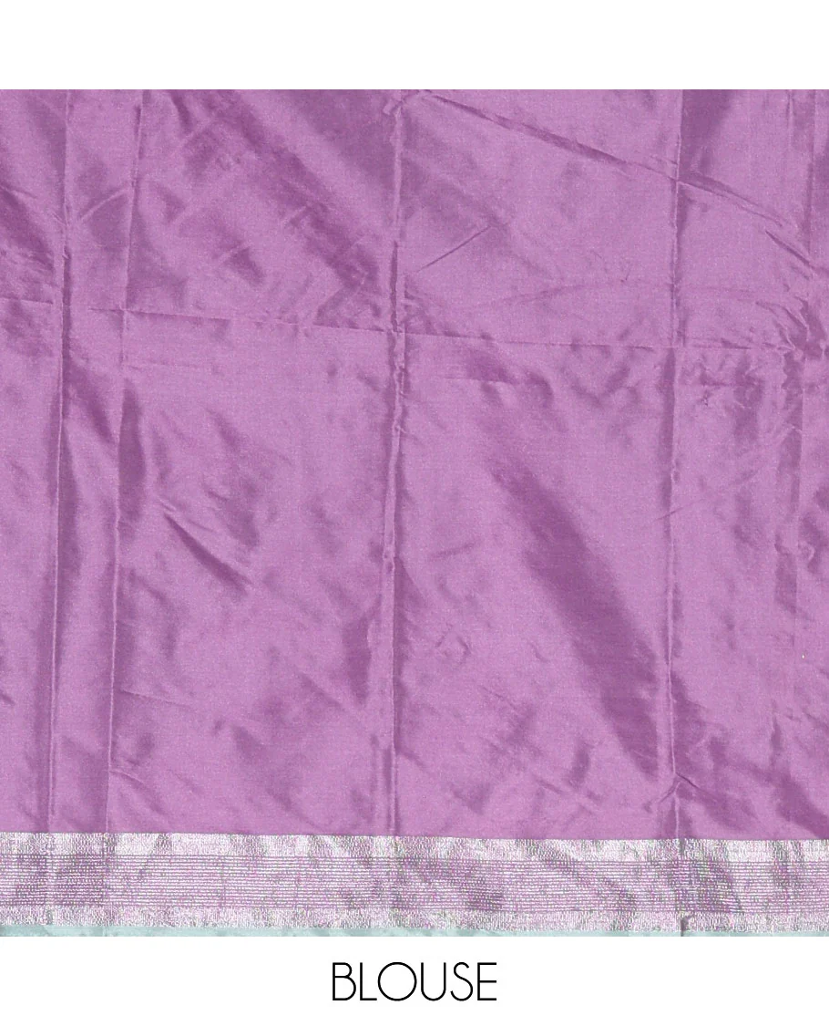 Steel grey and lavender half-saree with buttas with contrast traditional bordered taffeta silk skirt, a matching blouse, and a contrast bordered syska georgette dhavani - Image 4