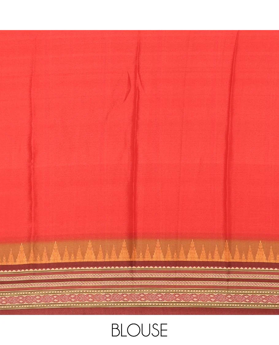 Teal blue floral printed Italian crepe saree, contrast temple printed border, striped pallu, and a printed bordered blouse - Image 4