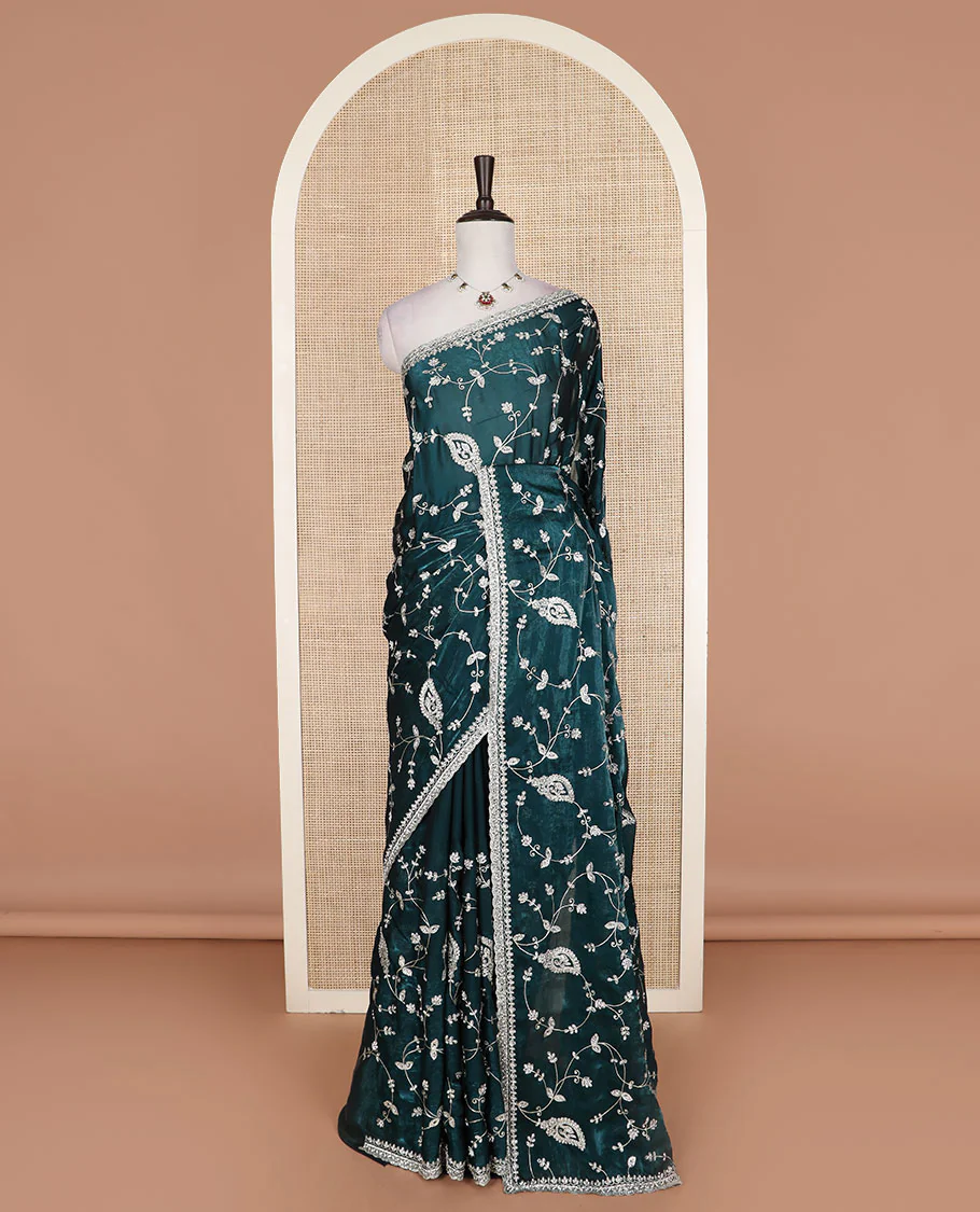 Teal blue floral vine embroidered designer organza saree, embroidered scallop border - Image 2