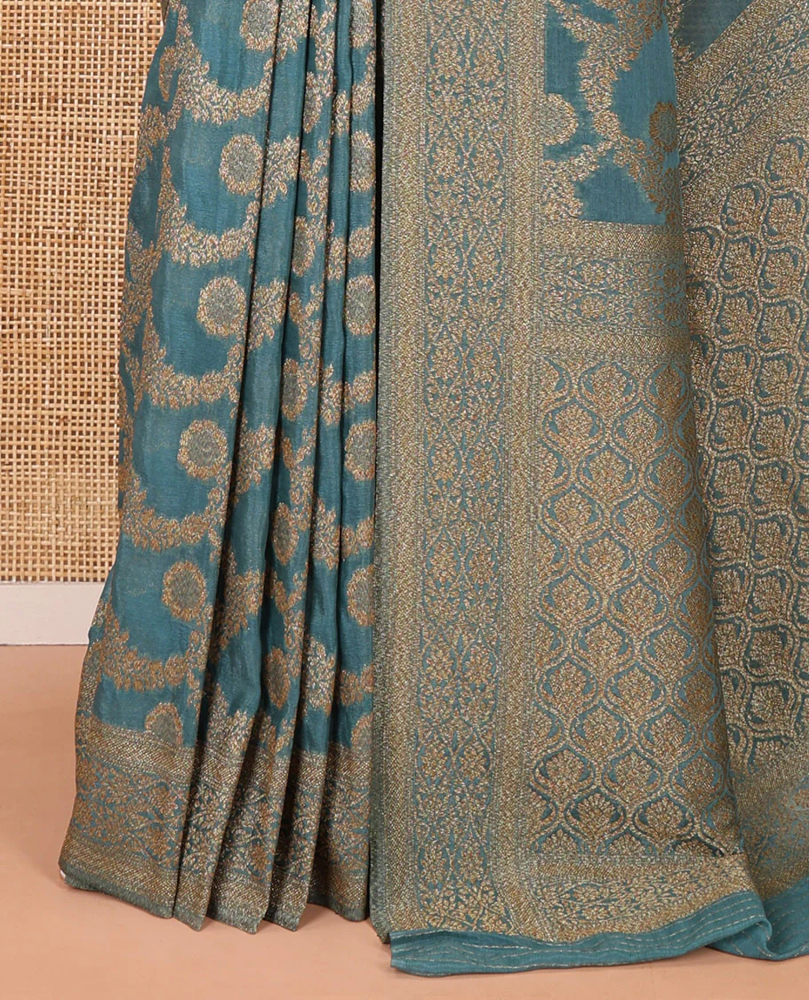 Teal blue jaal jacquard fancy crepe banaras khaddi saree, floral creeper design border, ogee patterned pallu, and a matching blouse - Image 3