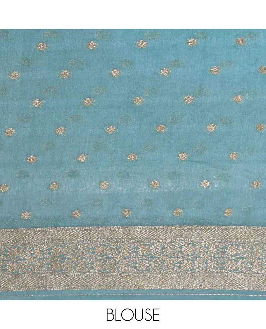 Teal blue jaal jacquard fancy crepe banaras khaddi saree, floral creeper design border, ogee patterned pallu, and a matching blouse - Image 4