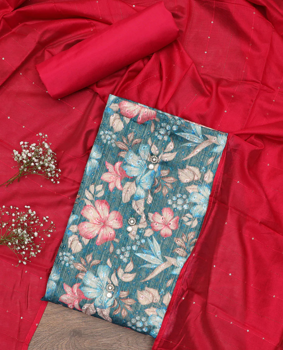 Teal blue material chudidar set, floral printed with thread embroidered top, contrast plain bottom, and sequins striped dupatta