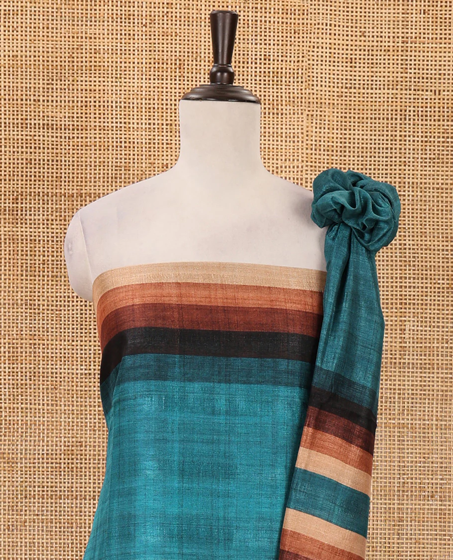 Teal material chudidar set, horizontal ombre striped semi-tussar top, plain santoon bottom & horizontal ombre striped dupatta with tassels - Image 3