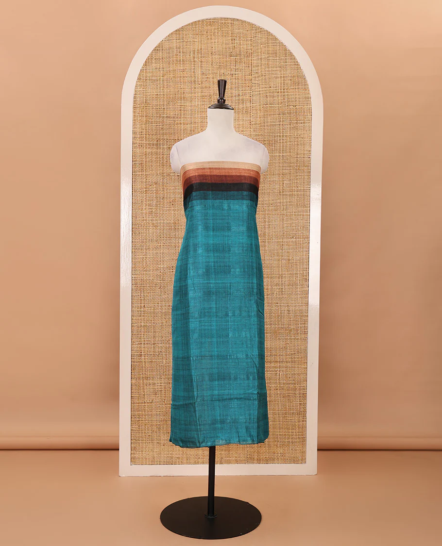 Teal material chudidar set, horizontal ombre striped semi-tussar top, plain santoon bottom & horizontal ombre striped dupatta with tassels - Image 4
