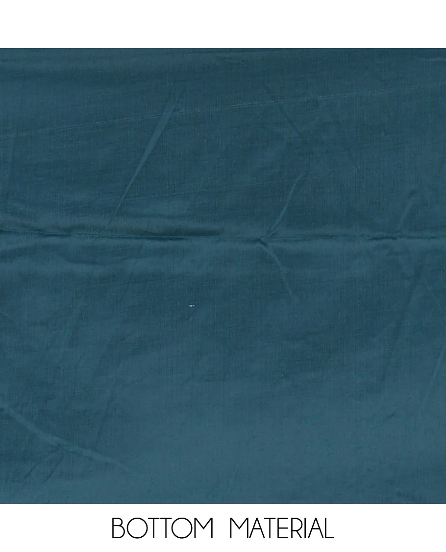 Teal material chudidar set, horizontal ombre striped semi-tussar top, plain santoon bottom & horizontal ombre striped dupatta with tassels - Image 5