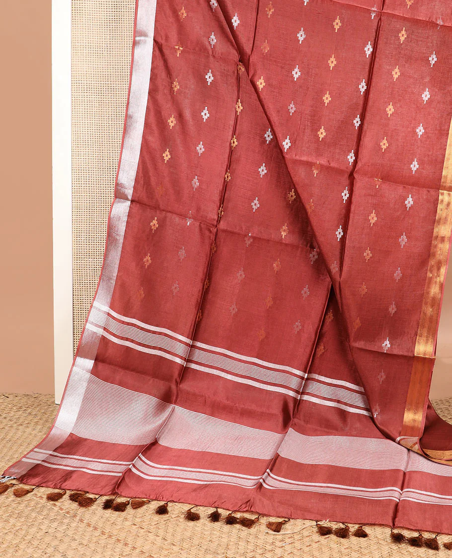 Terracotta red diamond buttas banana pith saree, silver and gold bavanji border, and zari striped pallu - Image 2