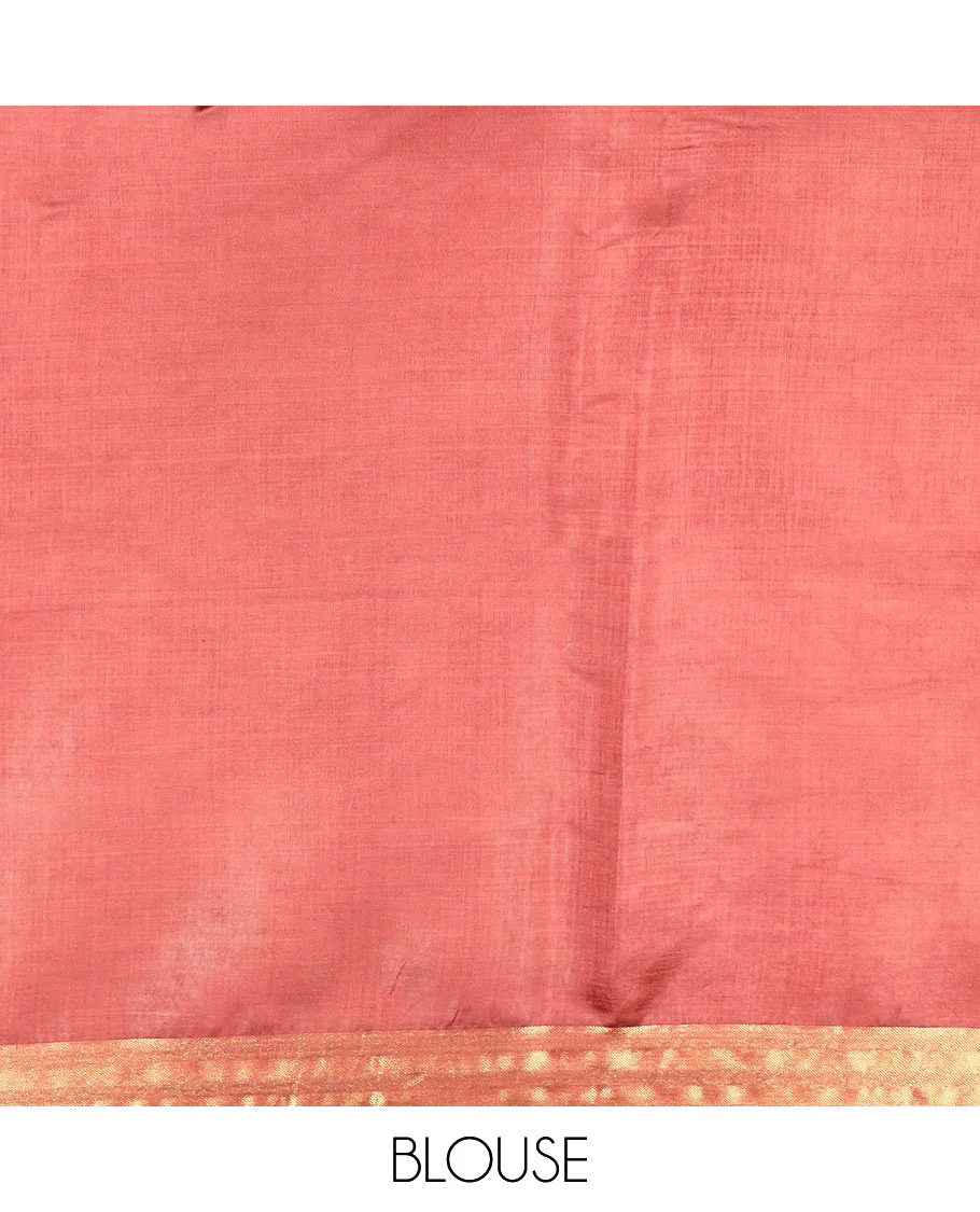Terracotta red diamond buttas banana pith saree, silver and gold bavanji border, and zari striped pallu - Image 5