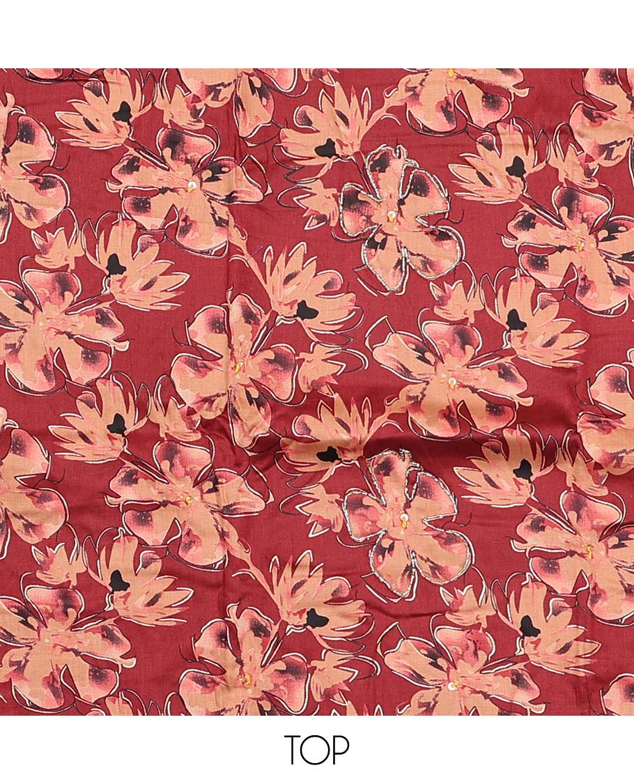 Terracotta red material chudidar set, floral printed top, plain bottom, and dupatta floral print - Image 3
