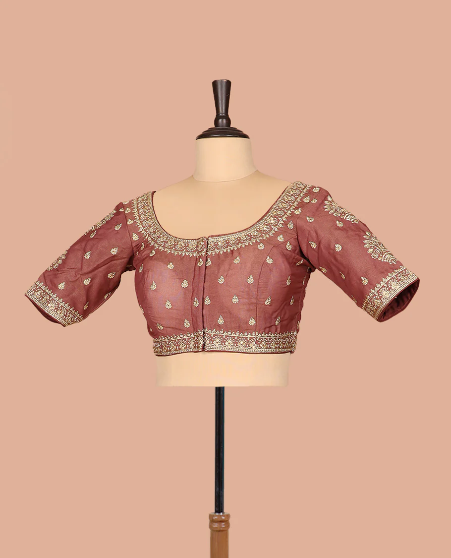Terracotta red thread embroidered front-and-back round elbow-sleeve readymade blouse