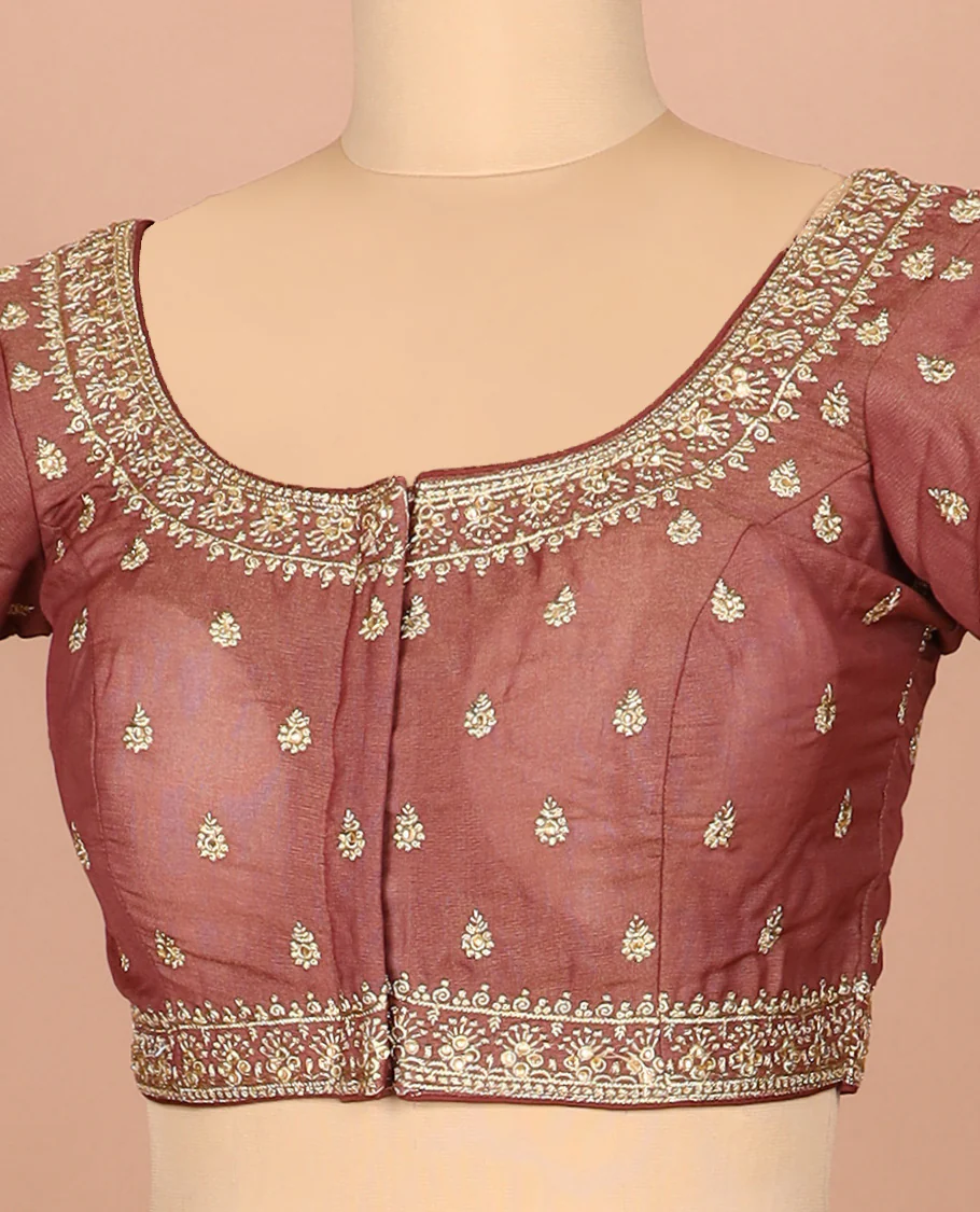 Terracotta red thread embroidered front-and-back round elbow-sleeve readymade blouse - Image 2
