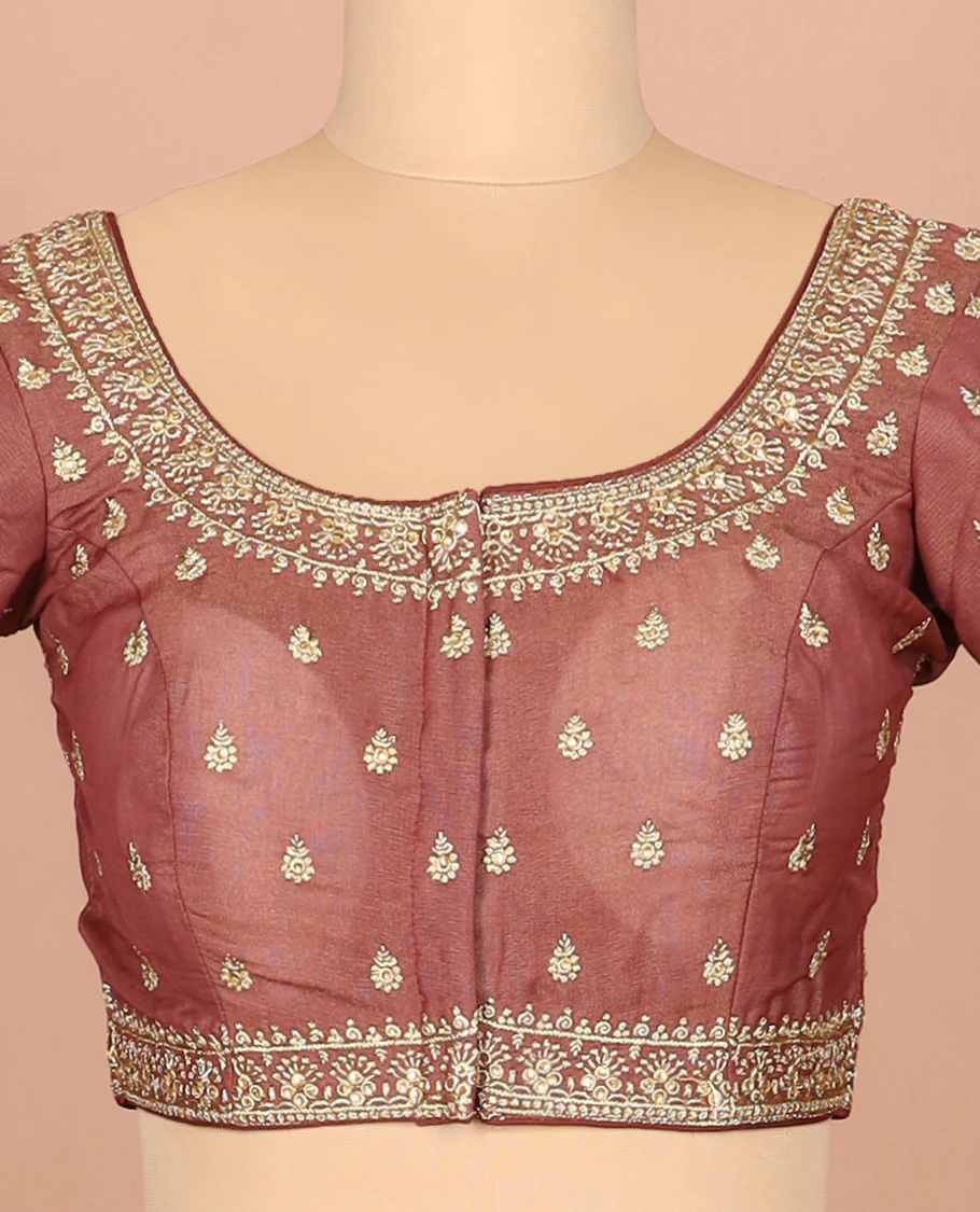 Terracotta red thread embroidered front-and-back round elbow-sleeve readymade blouse - Image 3