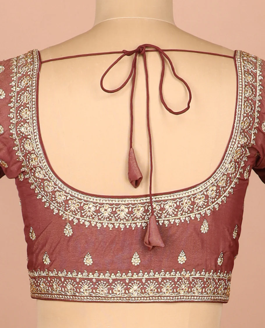 Terracotta red thread embroidered front-and-back round elbow-sleeve readymade blouse - Image 4