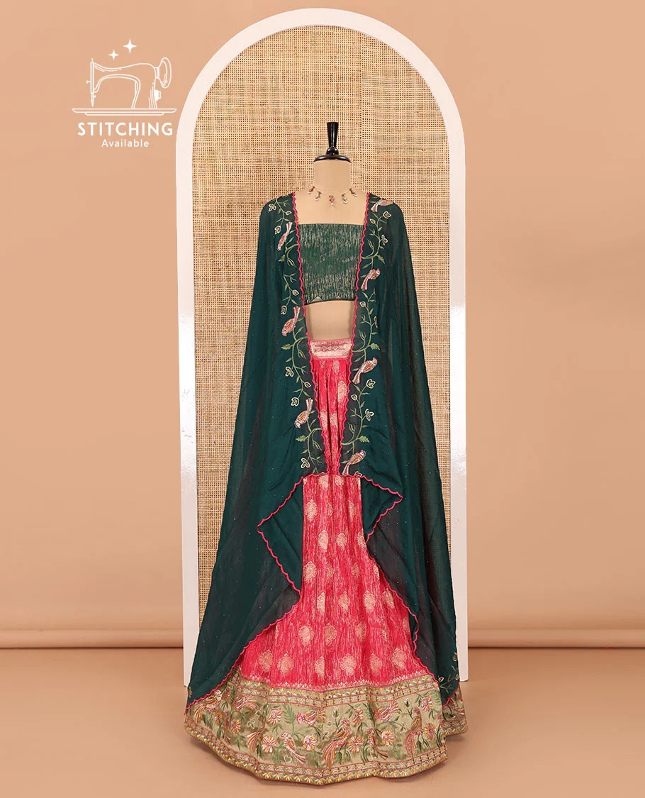 Tomato pink half-saree, buttas with contrast bird motifs embroidered with stone work, bordered patola silk skirt, zari brocade blouse, and a Syska georgette embroidered dhavani - Image 2