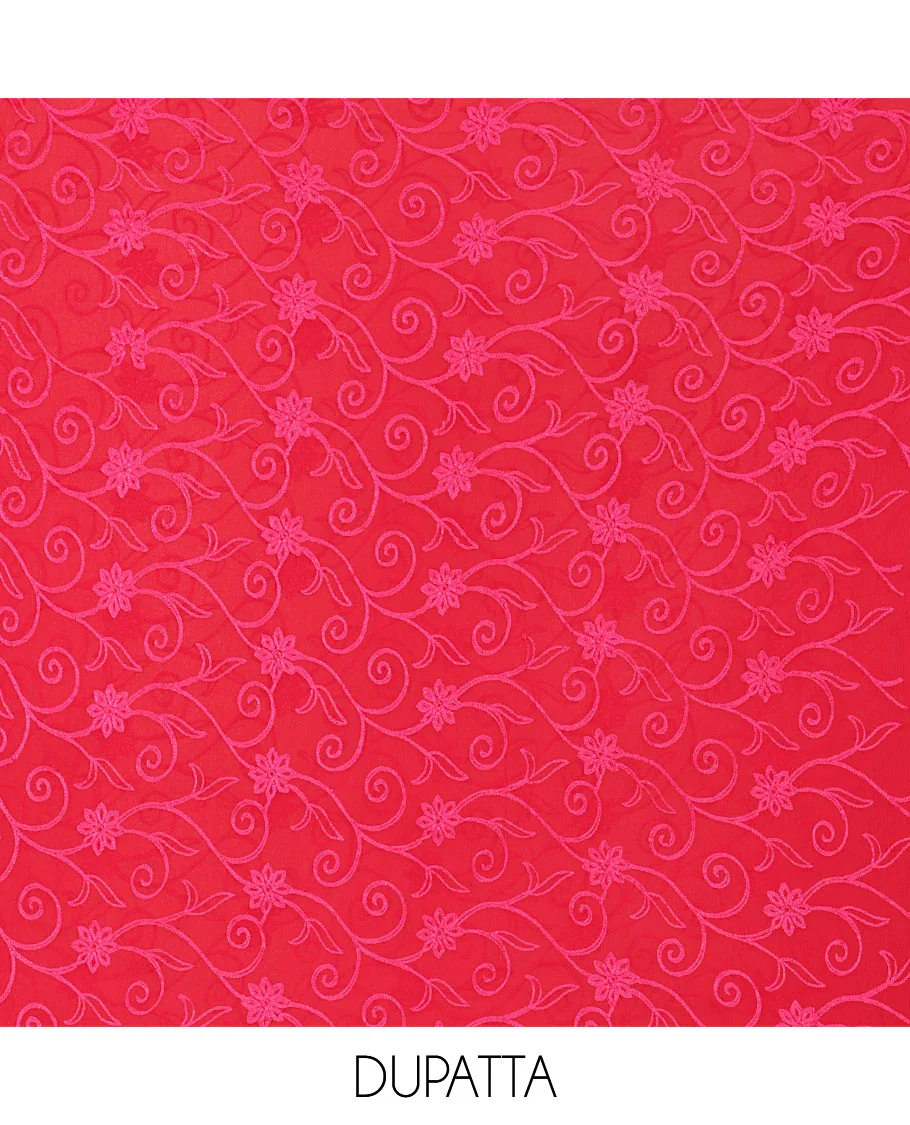Tomato Pink Material Chudidar Set Adorned with Phulkari-Style Floral Embroidery and Floral Print Rayon Top, Subtly Made Plain Rayon Bottom, and a Chiffon Georgette Dupatta of Floral Theme Designs - Image 2