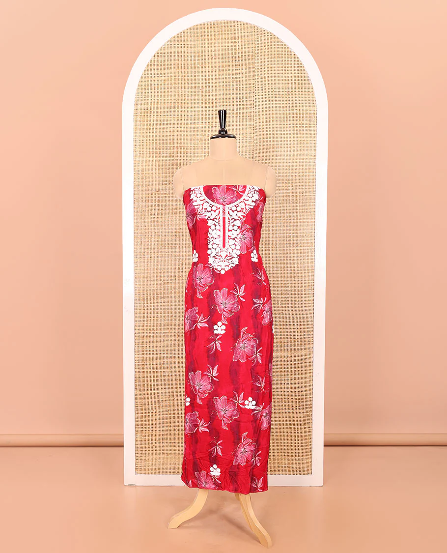 Tomato Pink Material Chudidar Set Adorned with Phulkari-Style Floral Embroidery and Floral Print Rayon Top, Subtly Made Plain Rayon Bottom, and a Chiffon Georgette Dupatta of Floral Theme Designs - Image 3