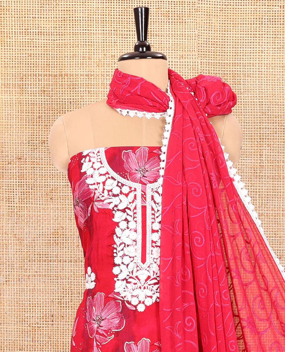 Tomato Pink Material Chudidar Set Adorned with Phulkari-Style Floral Embroidery and Floral Print Rayon Top, Subtly Made Plain Rayon Bottom, and a Chiffon Georgette Dupatta of Floral Theme Designs - Image 4