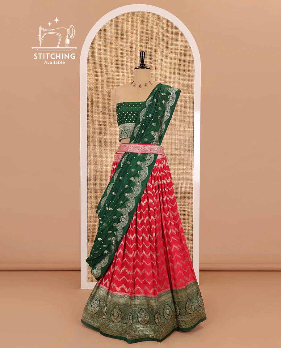 Tomato red chiniya crepe half-saree, chevron zari jacquard with contrast intricate patterned stone work bordered skirt, contrast blouse, and a scallop bordered intricate dhavani - Image 3