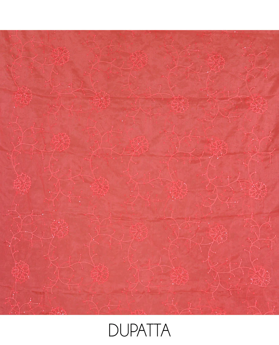 Tomato red churidar material set, floral print with thread outlined organza top, plain santoon bottom, and floral vine sequins embroidered organza dupatta - Image 2