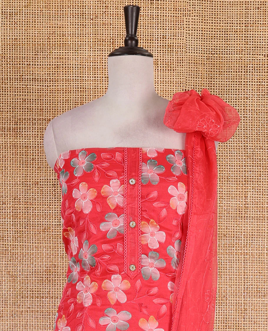 Tomato red churidar material set, floral print with thread outlined organza top, plain santoon bottom, and floral vine sequins embroidered organza dupatta - Image 3