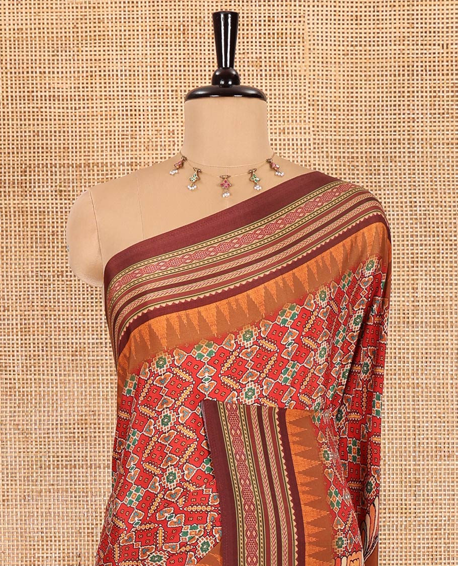 Tomato red patola style geometric printed Italian Crepe saree, contrast temple ikkat printed border, Kalamkari printed pallu, and a printed bordered blouse - Image 3