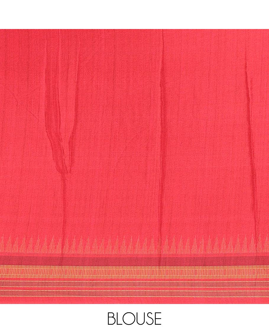Tomato red patola style geometric printed Italian Crepe saree, contrast temple ikkat printed border, Kalamkari printed pallu, and a printed bordered blouse - Image 4