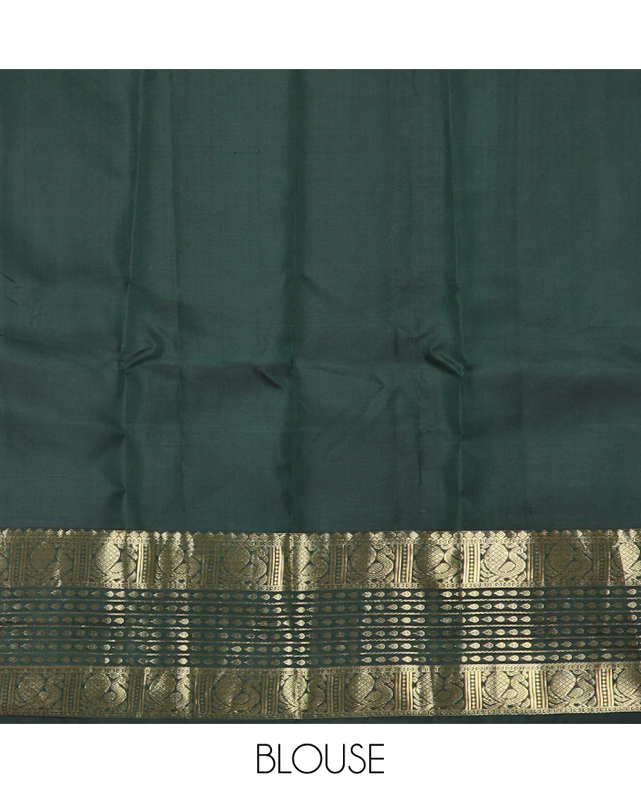 Tomato red zari buttas Vasundhara silk saree, contrast border of thilakam mokku, banaras, thilakam, and mayil designs, and zari-rich jaal design - Image 3