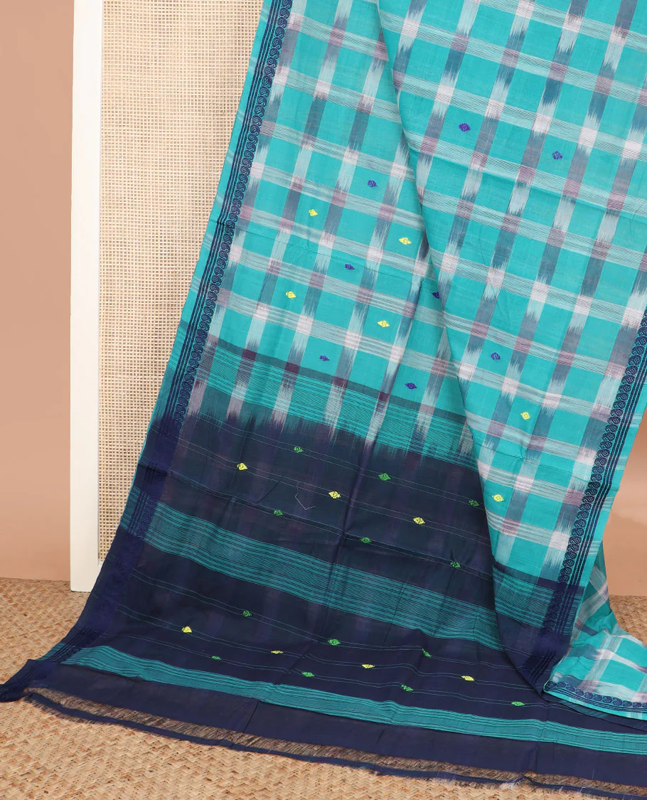 Turquoise Blue buttas and checked Andhra cotton saree, paisley border, and contrast pallu of stripes and buttas - Image 2