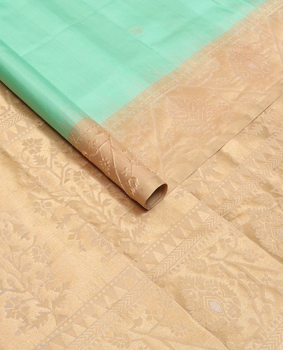 Turquoise blue zari buttas Mayuri soft silk saree, contrast border, and pallu of paithani-style motifs weave - Image 2