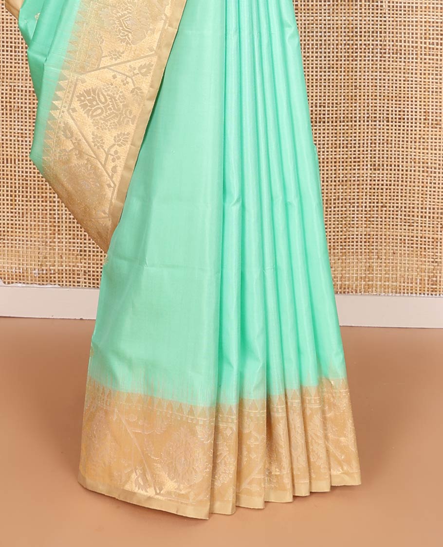 Turquoise blue zari buttas Mayuri soft silk saree, contrast border, and pallu of paithani-style motifs weave - Image 5