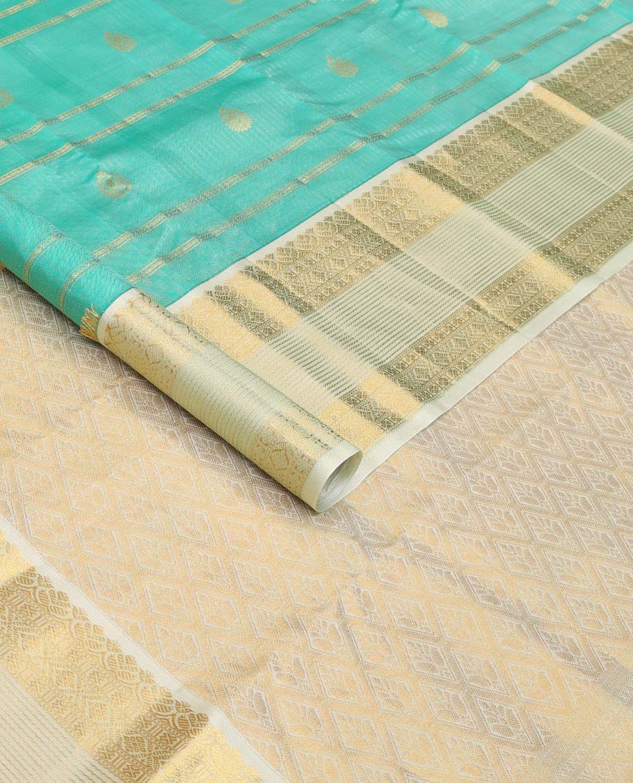 Turquoise blue zari design Vasundhara silk saree, contrast traditional motifs steeped zari border, and zari-rich jaal pallu - Image 2