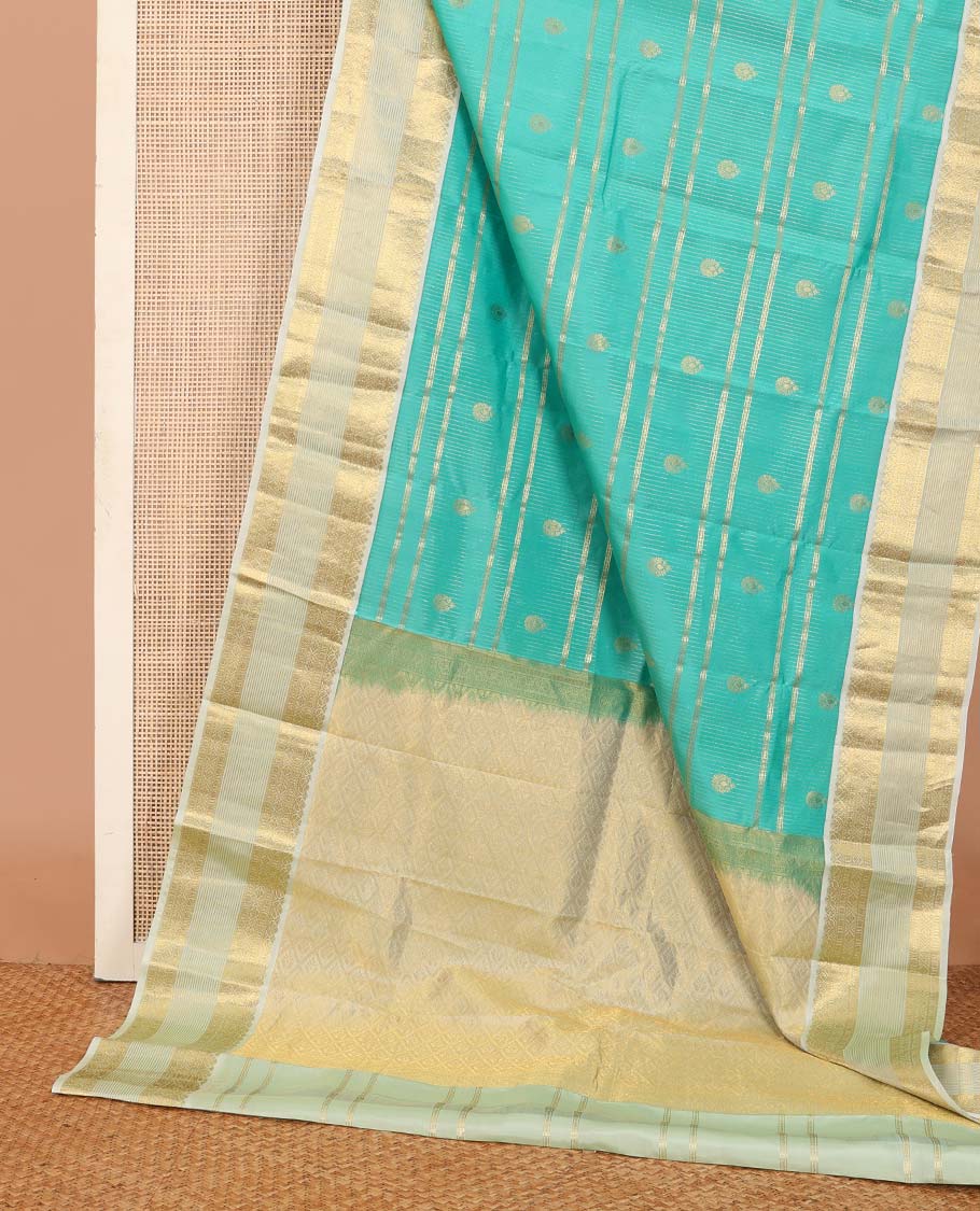 Turquoise blue zari design Vasundhara silk saree, contrast traditional motifs steeped zari border, and zari-rich jaal pallu - Image 3