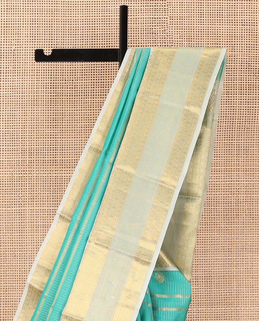 Turquoise blue zari design Vasundhara silk saree, contrast traditional motifs steeped zari border, and zari-rich jaal pallu - Image 4