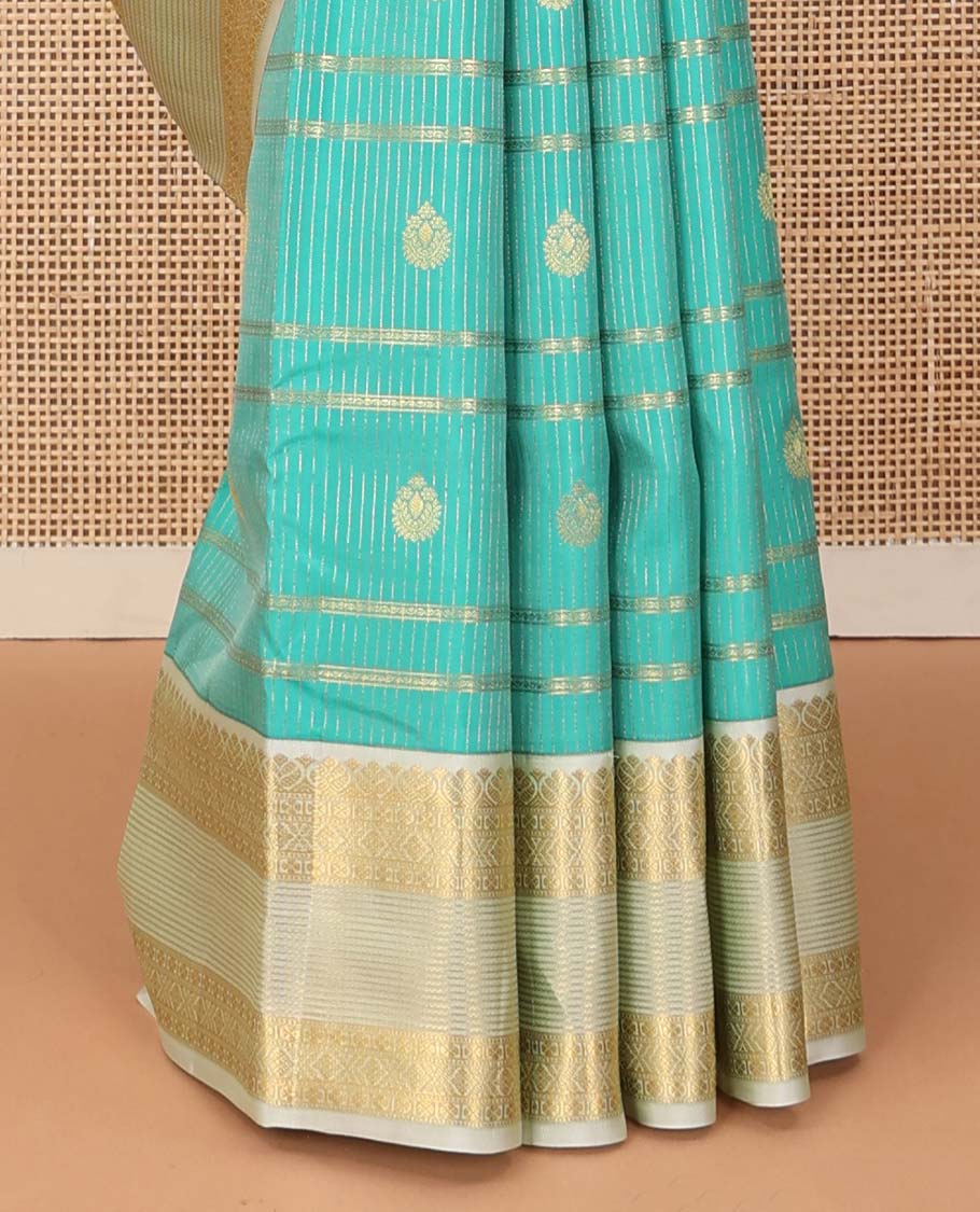 Turquoise blue zari design Vasundhara silk saree, contrast traditional motifs steeped zari border, and zari-rich jaal pallu - Image 5