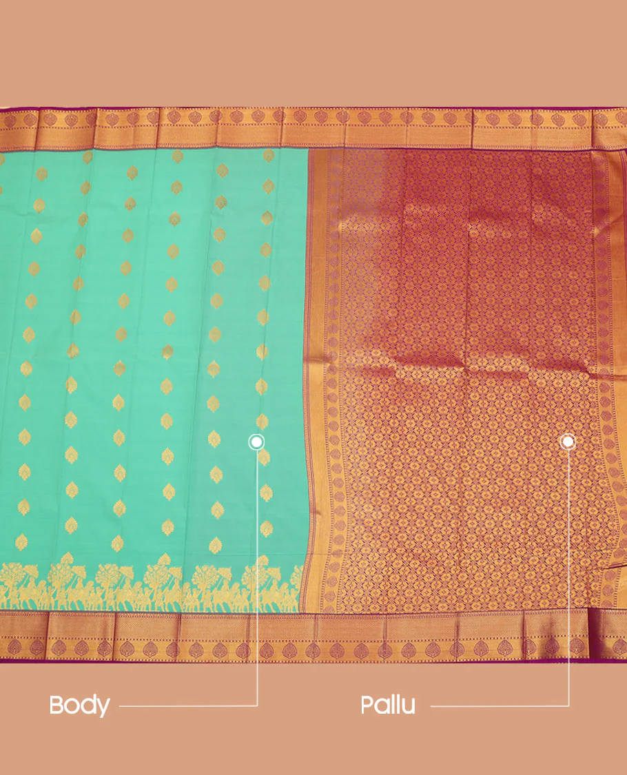Turquoise buttas and human motifs budget silk saree, contrast traditional zari design border, and intricate pallu - Image 3