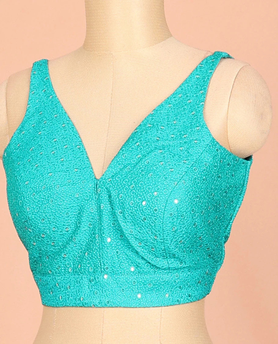 Turquoise embossed thread embroidery & sequins work sleeveless readymade blouse with deep-V front neck & round back neck - Image 2