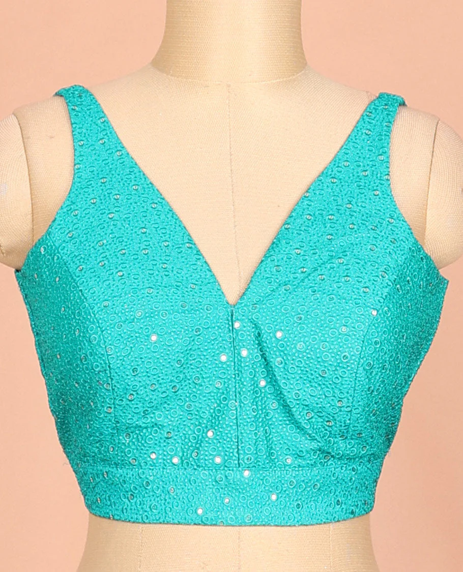 Turquoise embossed thread embroidery & sequins work sleeveless readymade blouse with deep-V front neck & round back neck - Image 3