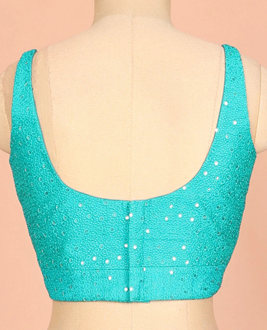 Turquoise embossed thread embroidery & sequins work sleeveless readymade blouse with deep-V front neck & round back neck - Image 4